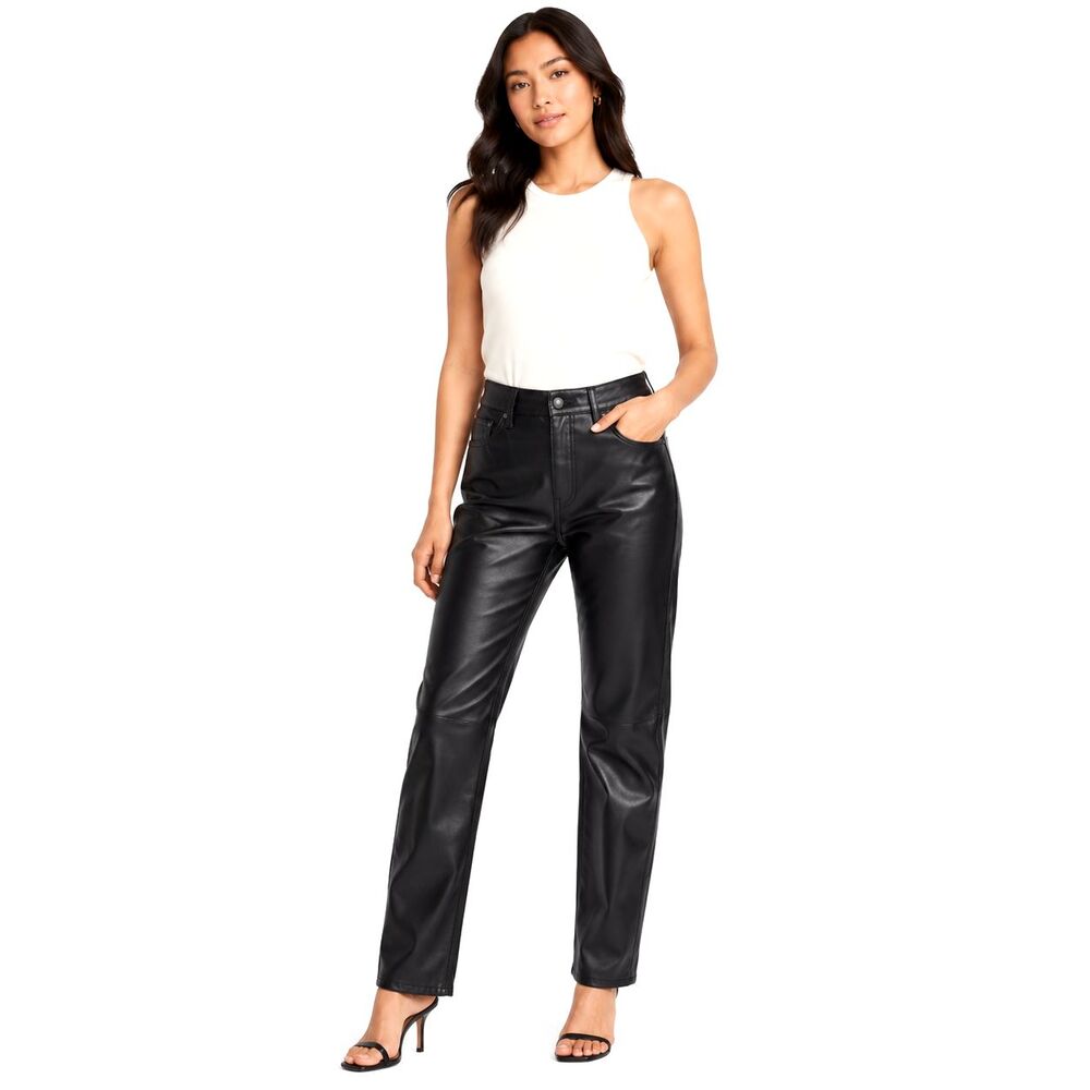 Old Navy High Rise OG Straight Faux Leather Pants Black Womens Size 4 Moto Chic